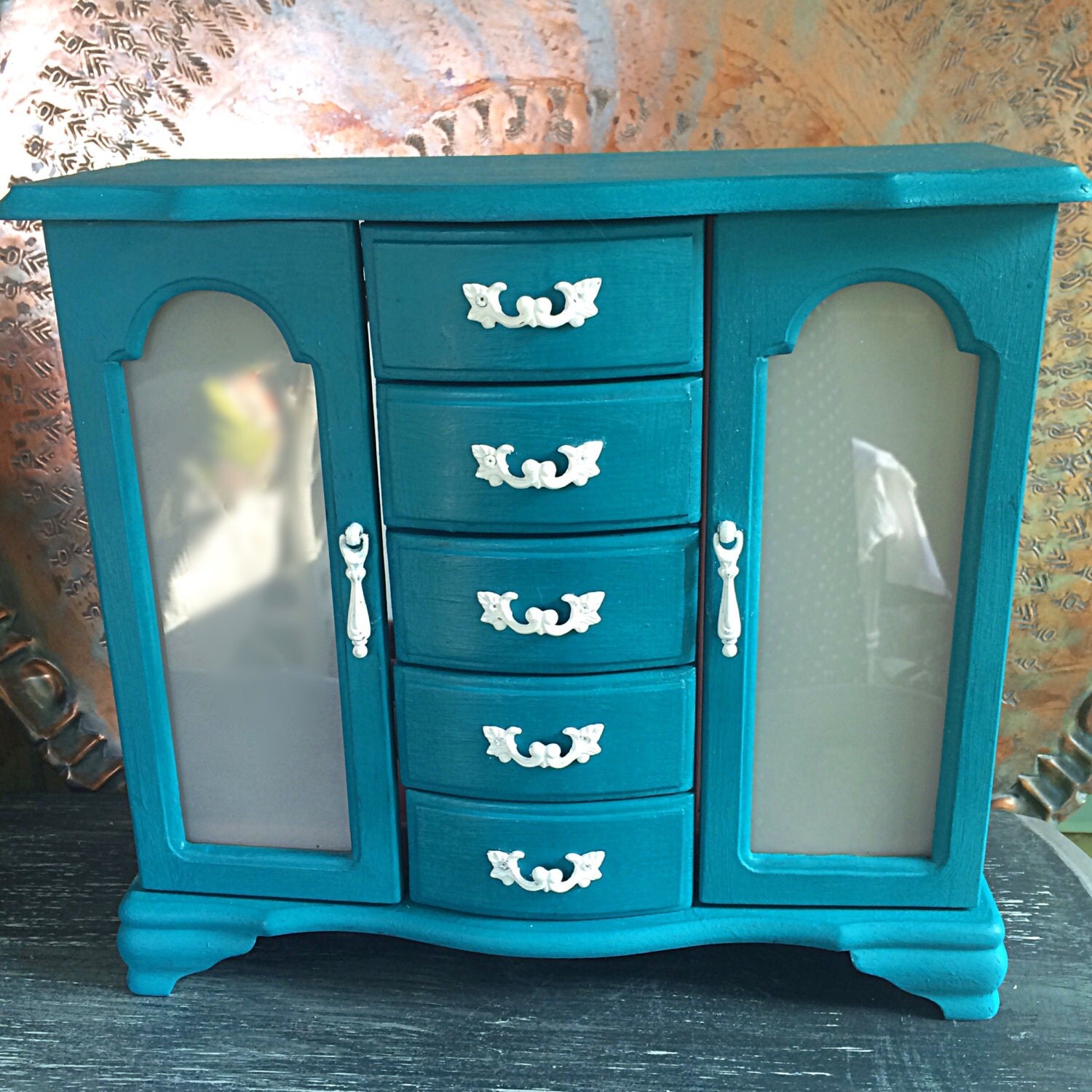 Peacock Blue Teal Aqua painted Jewelry Box Armoire Frosted