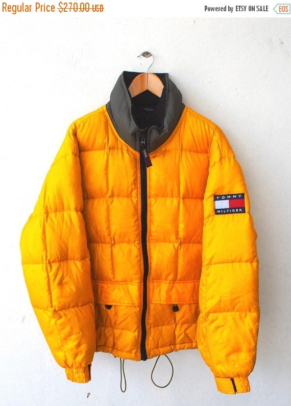 BIG SALE 25% TOMMY Hilfiger Outdoors Expedition Vintage 90's Hip Hop Yellow Puffer Down Bomber Goose Jacket Parka Coat Size L