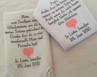Two personalized wedding hankie's mother & father of the bride gift handkerchiefs.