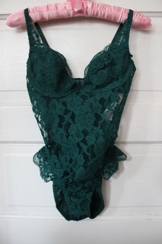 Vintage Victorias Secret 34c Emerald Green Lace Teddy 