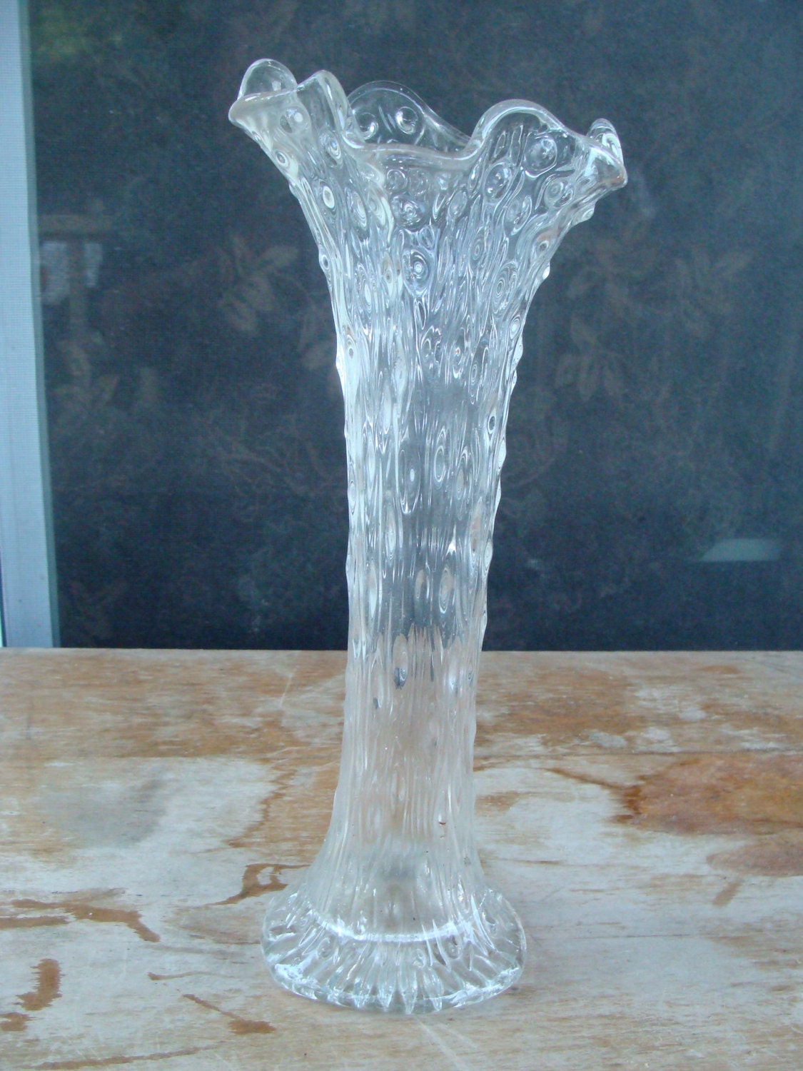 Beautiful Antique Clear Swung Stretch Glass Funeral Vase With