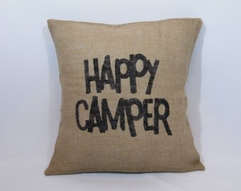 Custom made rustic country "Happy Camper" black (or custom color) burlap pillow cover/sham - Multiple sizes and customize color option!