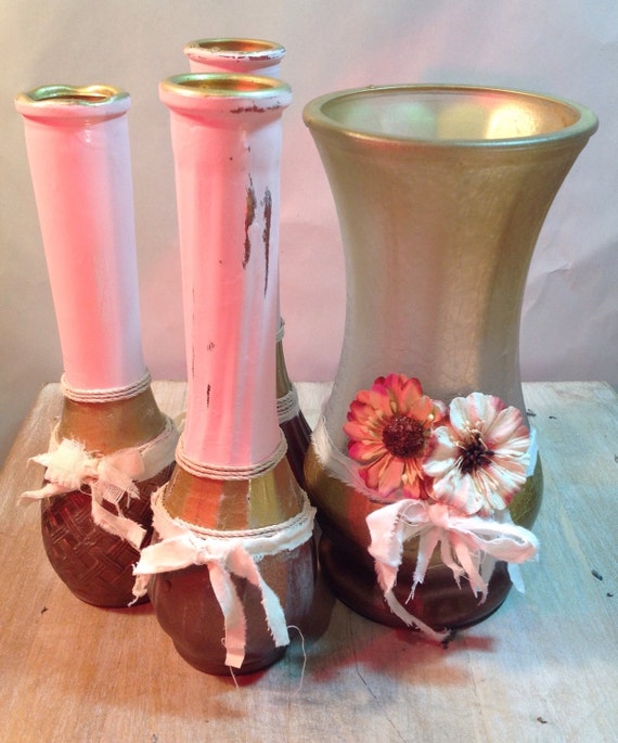 4 Vintage glass vases repurposed with painted copper gold