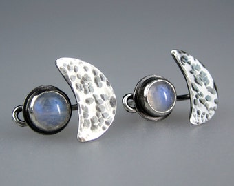 Crescent Moon Moonstone Ear Jacket | Oxidized Sterling Silver | Blue Flash Moonstone | Boho Earring Jacket | Moon Jewelry | Made to Order