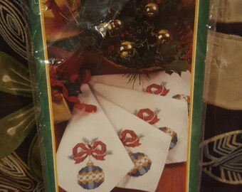 Bucilla Christmas Baubles Set of 4 Napkins Cross Stitch Kit Holiday Kitchen