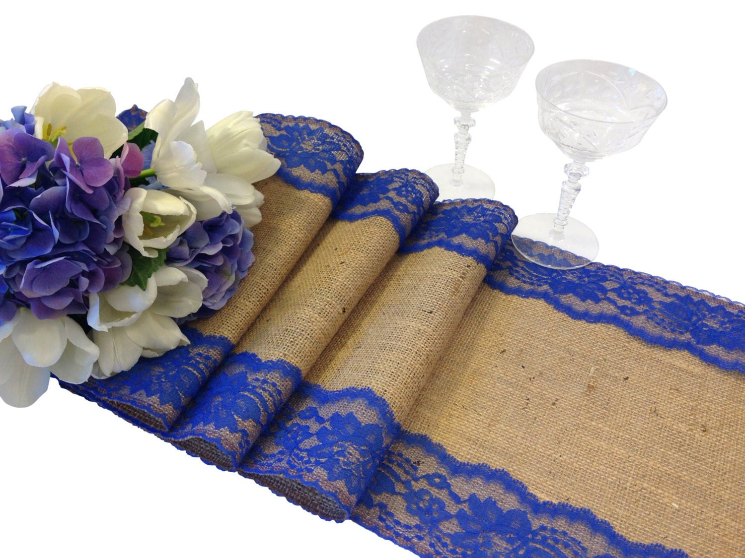 Burlap Table Runner ROYAL BLUE Lace Wedding Table Runner