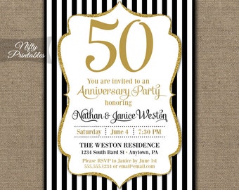 50th Anniversary Invitations - Printable Black & Gold Fiftieth Anniversary - Black White Stripes 50 Anniversary Party Invites 50 Years 60th