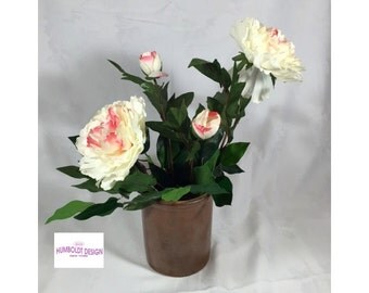 New - Silk Floral Arrangement - White & Pink Peonies in a Genuine Antique Early 1900s Salt Glazed Pottery Crock