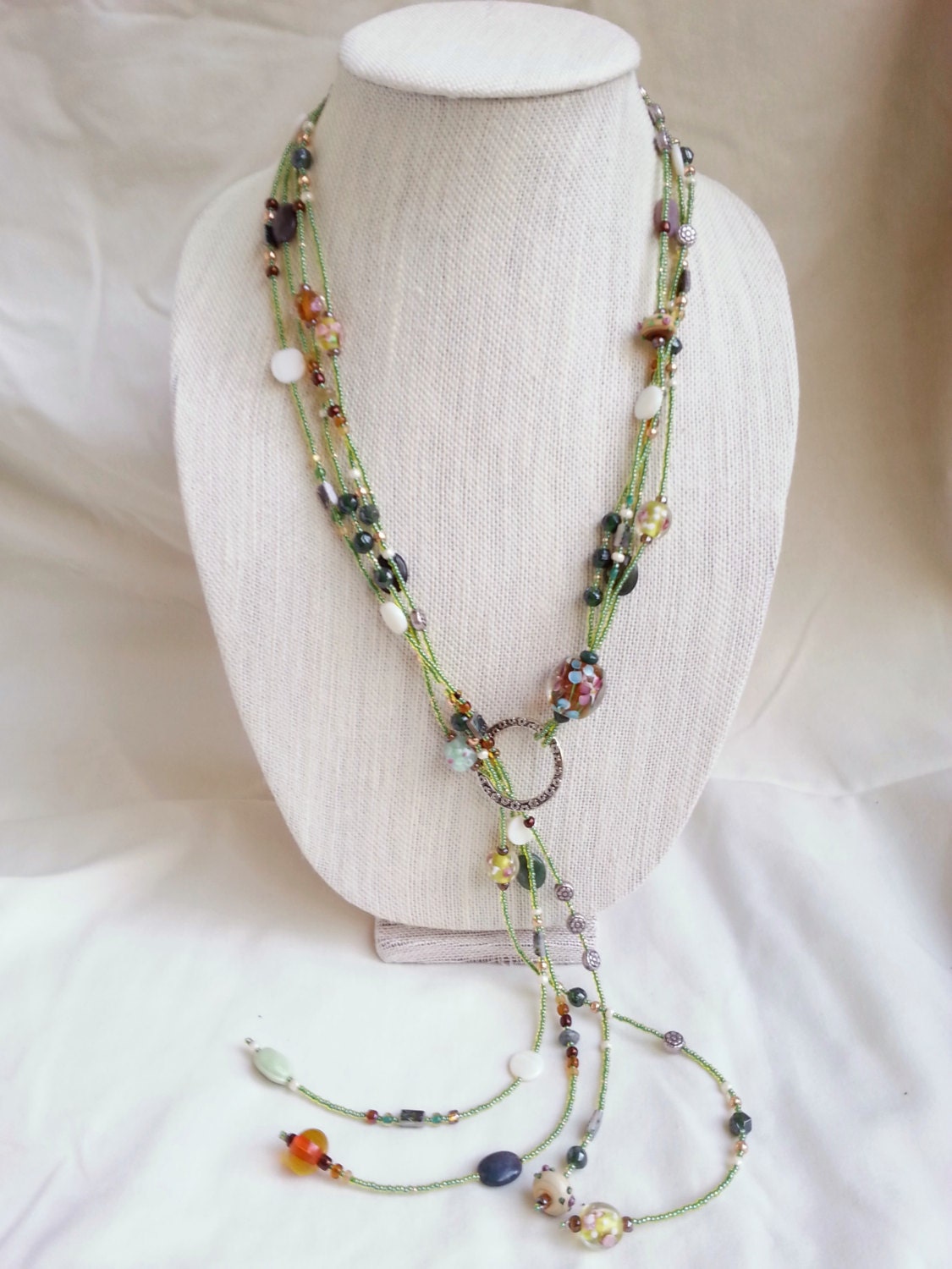 Necklace Yellow Green Long Beaded Multi Strand Lariat Glass