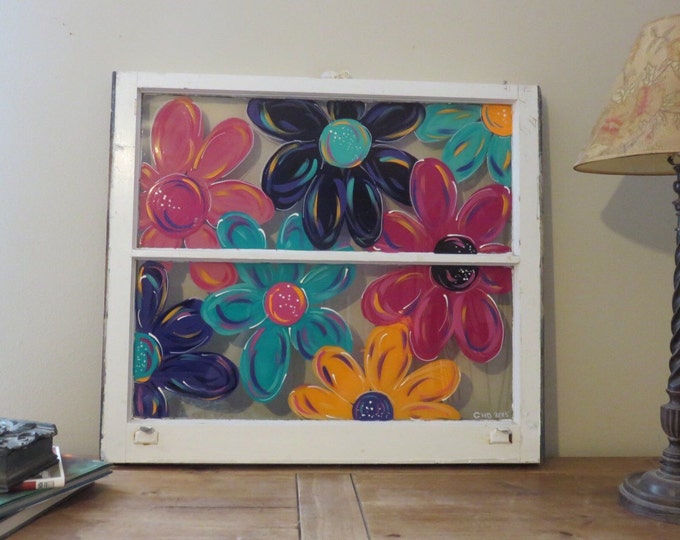 Hand Painted Window, Flower Painting,Spring Flowers, Daisies, Painted Window,Repurposed Window, Home Decor, Spring Garden, Wall Decor