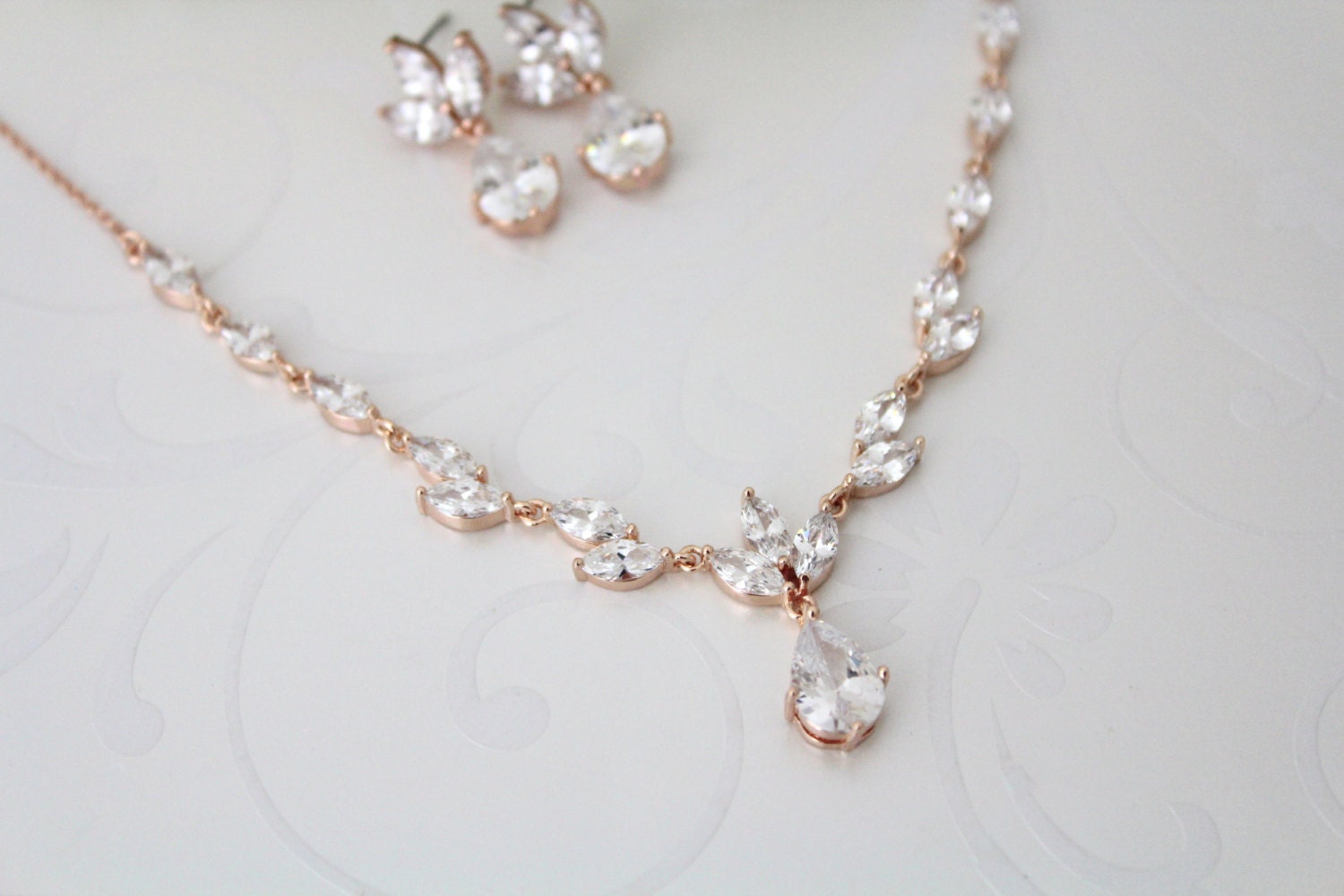 Rose gold necklace set Bridal jewelry set Bridesmaid