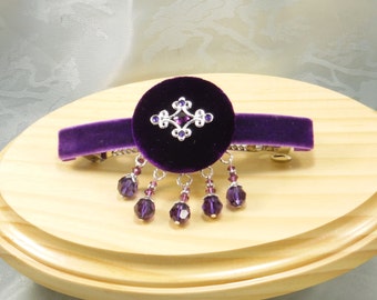 Beaded barrette royal purple velvet, 4 inch hair clip, hair jewelry