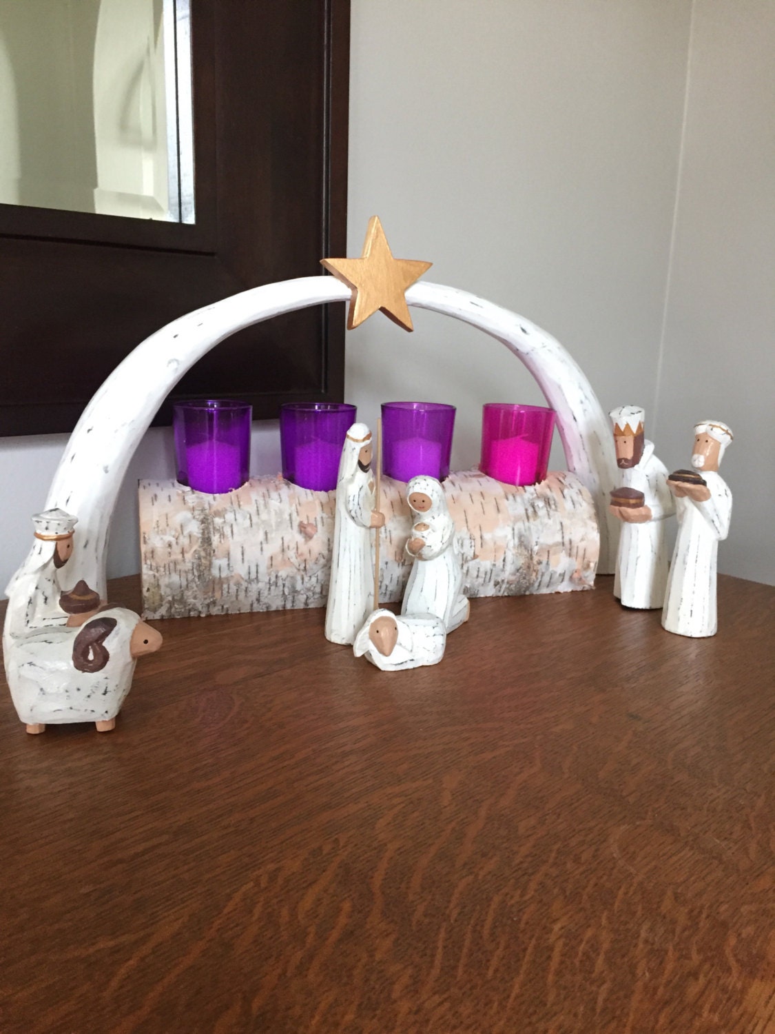 5 holes Birch Log Candle Holder Advent Wreath