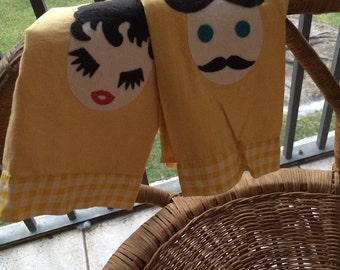 Vintage yellow his and hers dish towels