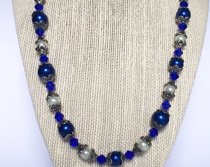 Blue and White pearl necklace, Blue pearl necklace, White pearl necklace, indigo blue necklace
