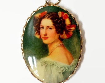 Vintage Pendant Charm Pretty Young Victorian Edwardian Woman Portrait Cameo Celluloid Gold Tone Costume Jewelry 1.75"