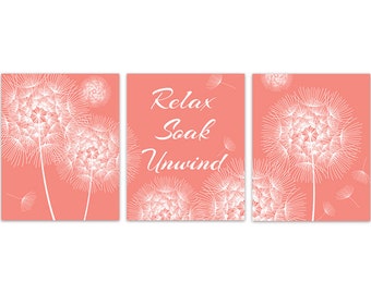 Coral Bathroom Wall Art, Relax Soak Unwind Bathroom CANVAS, Dandelion Wall Art, Dandelion Bathroom Decor, Set of 3 Bath Art Prints - BATH123