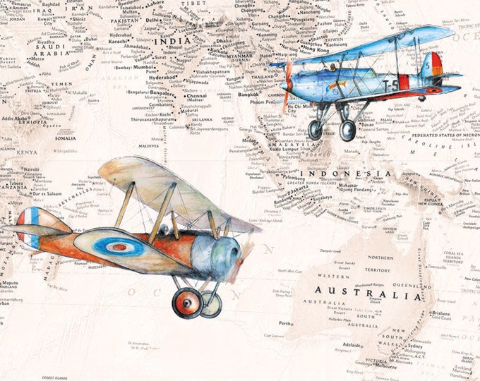 Military airplane print Indonesia Australia map Vintage airplane Prop driven aircraft Transportation artwork Boy's nursery wall decor
