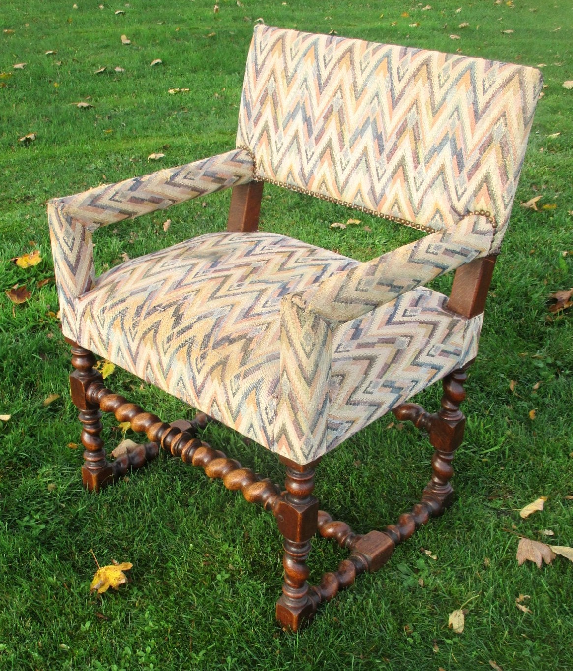 Antique Arm Chair Fauteuil Tapestry Barley Twist Wood Large stunning