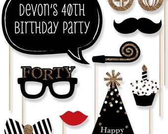 40th Birthday - Gold Party Photo Booth Props - Adult Birthday Party Photobooth Kit with Custom Talk Bubble - 20 Pieces