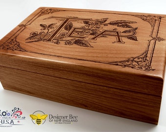 Vintage Design Engraved Tea Box - Store and Serve Your Favorite Teas in Style! 100% Made in USA from Premium White Alder in Heirloom Quality