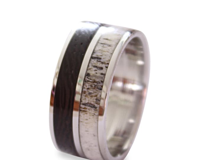 Men's titanium ring with wenge wood and deer antler inlay