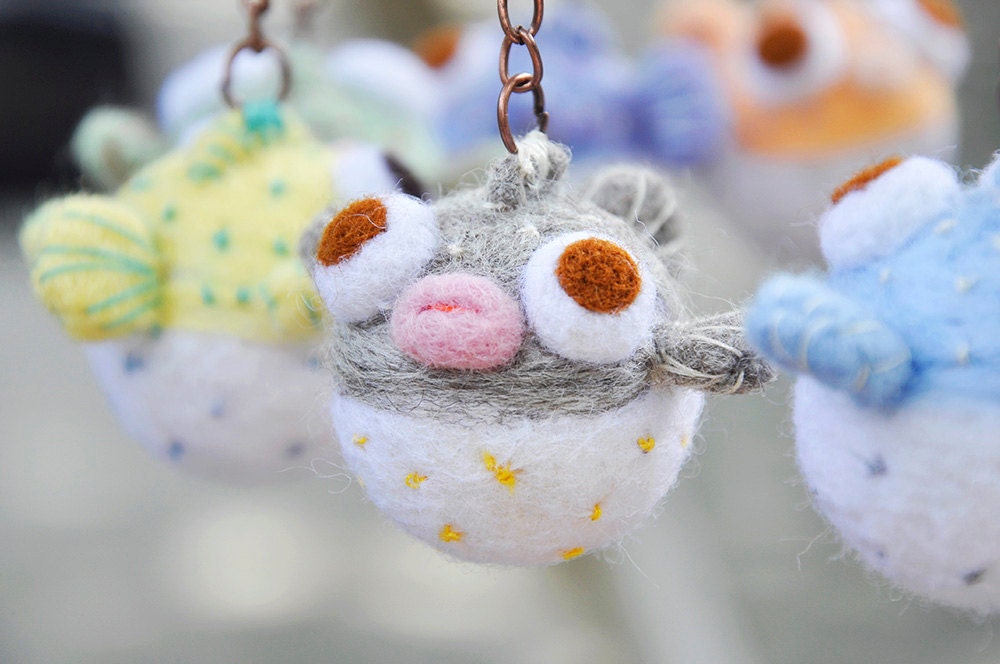 puffer fish miniature keychain needle felted fish keychain