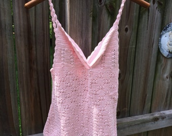 70s VINTAGE CROCHET TOP, baby pink knotted strap handknitted tank