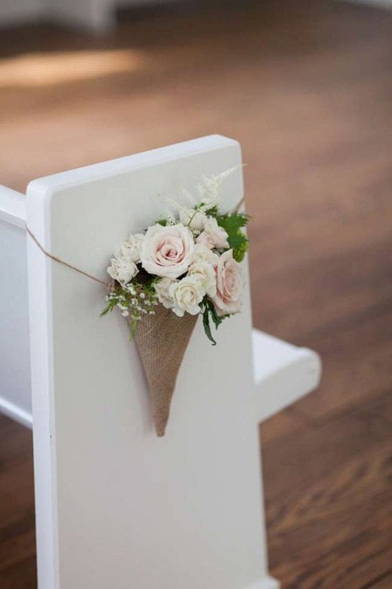 Hessian Burlap Hanging Pew Cone Flower Holder by MystiqueWeddings