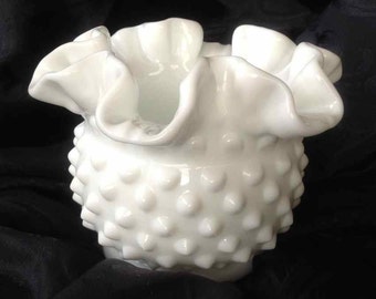 Vintage Fenton Hobnail Crimped Edge and Footed Milk Glass Vase - 1970's