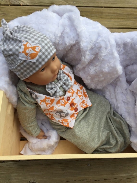Items similar to Orange and gray foxes, infant gown set, vest and bow tie, baby boy gown, take