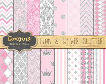 Pink and Silver Glitter Digital Paper - Premium Digital Backgrounds, Classic Patterns Chevron, Gray Polka Dot, Quatrefoil, Commercial Use