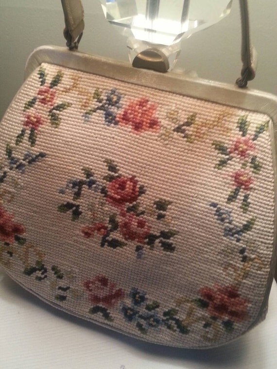 Vintage Floral Needlepoint Handbag Purse
