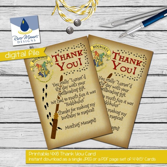 Printable Thank You Card Harry Potter Inspired with Hogwarts