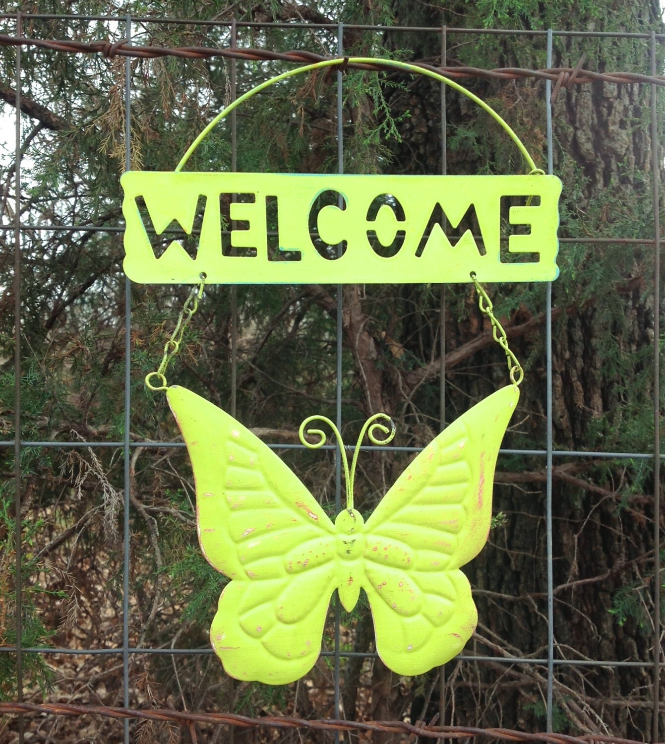 Glittery Butterfly Sign Lime Hanging Metal Yard Art