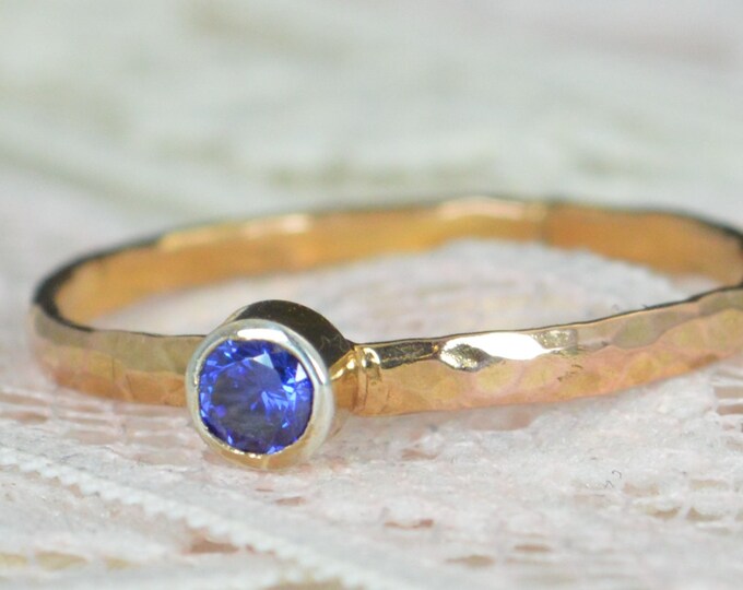 Sapphire Engagement Ring, 14k Rose Gold, Sapphire Wedding Ring Set, Rustic Wedding Ring Set, September Birthstone, Solid 14k Sapphire Ring