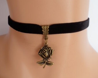 black velvet choker, rose choker, rose necklace, stretch ribbon, antique bronze