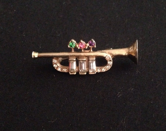 Storewide 25% Off SALE Vintage Gold Tone Musical Designer Trumpet Brooch Pin Featuring Rhinestone Accented Design