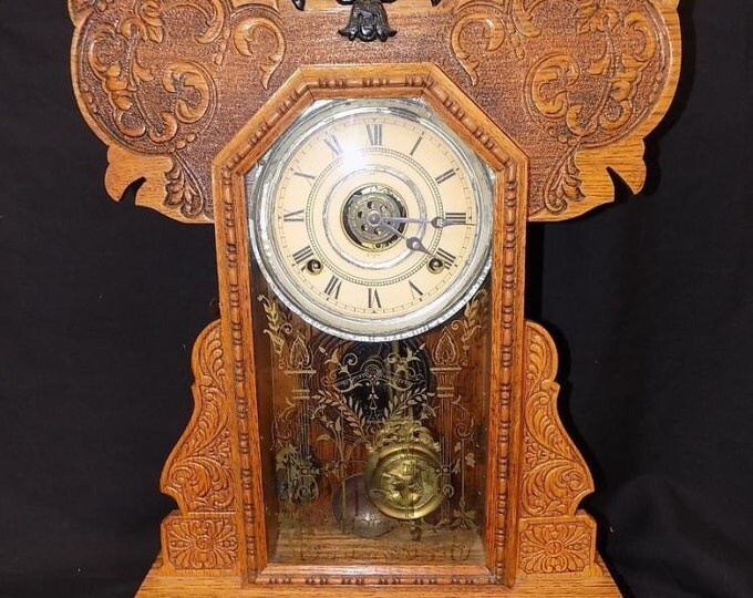 Storewide 25% Off SALE Antique Eilas Ingraham Co. 19th Century Diana Gingerbread Mantle Clock Featuring Original Alarm Option & Original Win