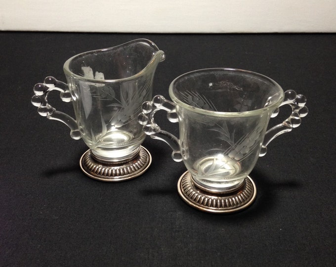 Storewide 25% Off SALE Matching Vintage Sterling Silver Etched Fine Crystal Sugar Bowl & Creamer Service Set Featuring Etched Wheat Design