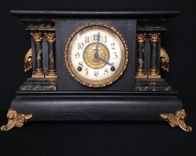 Storewide 25% Off SALE Antique 8 Day Elias Ingraham Adrian Green Marbled Wound Mantle Clock Featuring Ornate Gold Tone Accents With Time Str