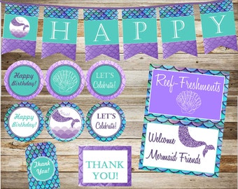 Mermaid Party Package, Glitter Purple and Black, Instant download, under the sea, party pack, printable party package, mermaid, DIY, SALE