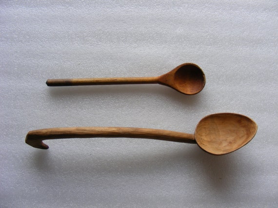 2 Vintage Old Antique Primitive Large Handmade WOODEN SPOON