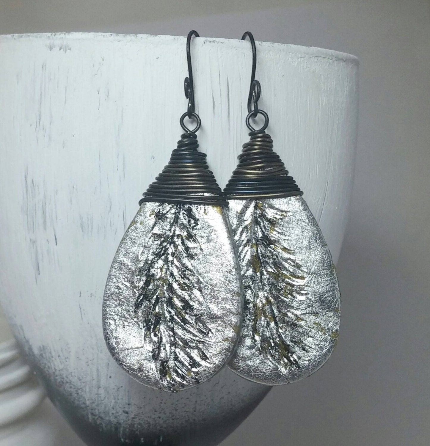 Silver drop earrings Polymer clay jewelry Polymer clay