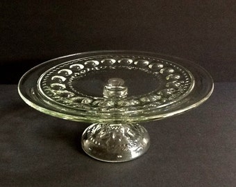 Tiffin Franciscan Kings Crown Pedestal Glass Cake Stand, Mid Century, Thumbprint
