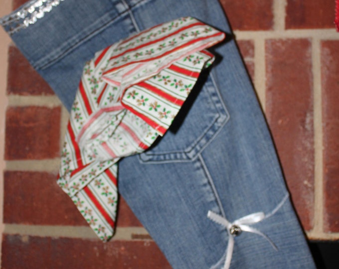HALF PRICE ** Christmas Stocking Ready for Santa! Upcycled Denim Boot Stocking with Holiday Holly Motif