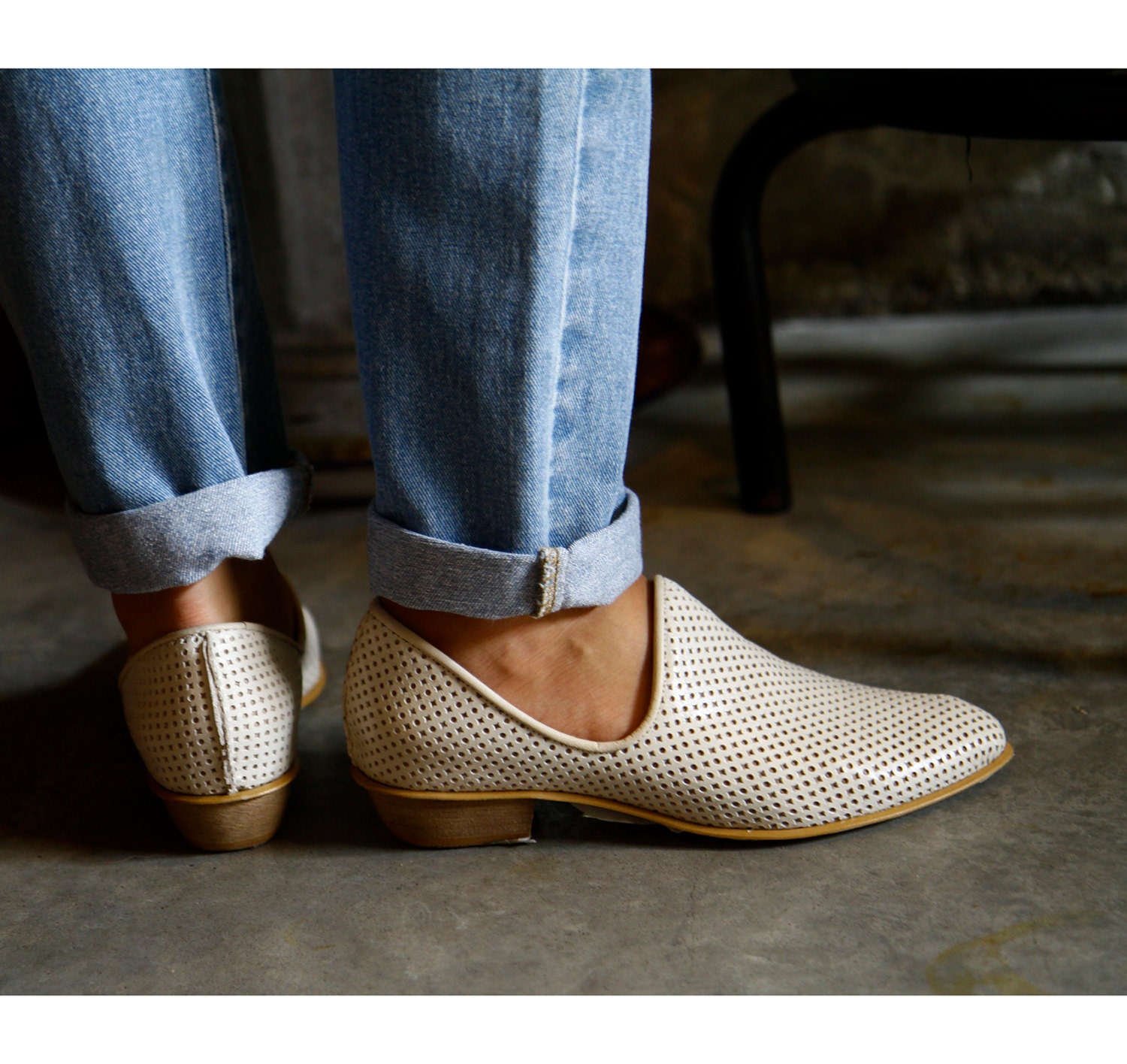 Cream Flat Leather Shoes / White Women Shoes / Every Day Shoes