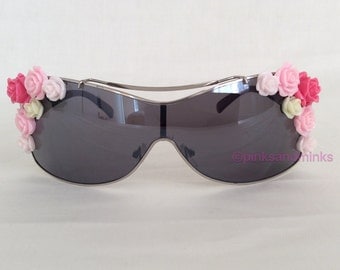 Bad Girl Vibes - Embellished Sunglasses Shield Mirrored Pink Roses Flowers Floral Sunnies Shades