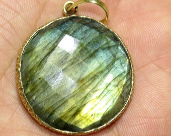 Superb !!!! ~ 100%Natural Labradorite Faceted Pendant with Gold Plated Coin Shape 30X31MM Approx in Whole Sale Price.{LP-02}
