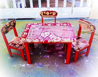 SOLD - Vintage, Kid's Table & Chair Set, red, shabby chic children's table and chairs set, farmhouse, country cottage, wood, french country